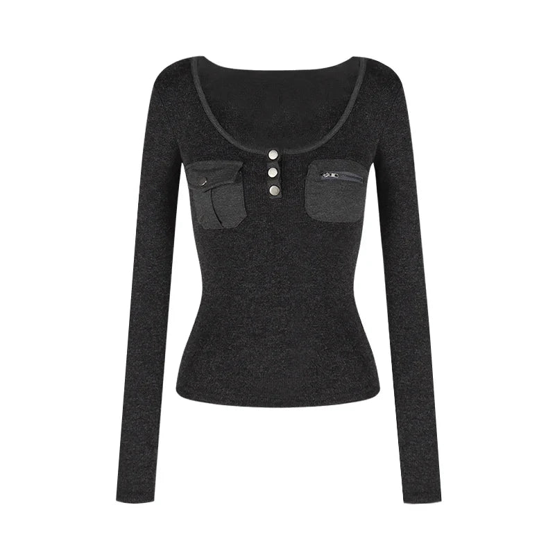 maoxiangshop  -  Y2k Gray Long Sleeve T-shirts for Women White Knitted Base Shirt Pockets Safari Style Slim Low O-neck Autumn Clothes New
