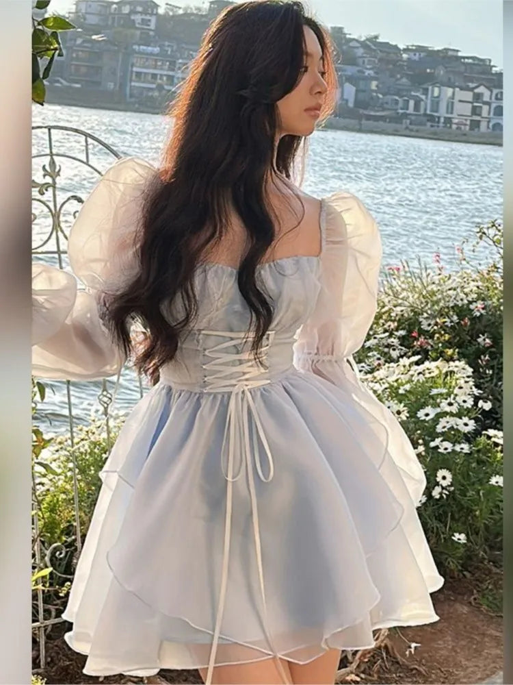 maoxiangshop-Sweet Kawaii Mini Dress Vintage Korean Elegant Fashion Party Dress Women Fairy Princess Puff Sleeve Chic Summer Prom Dress