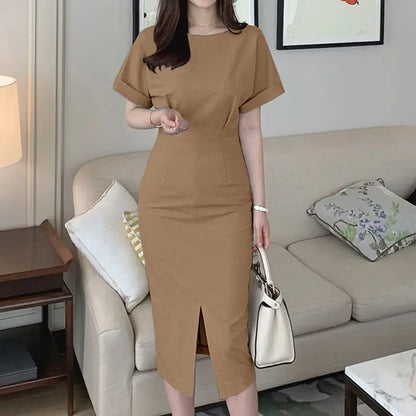 maoxiangshop Summer Dress 2024 Women Short Sleeve Casual Solid Color Elegant Midi Sundress O Neck Loose Zipper Split Party Vestidos