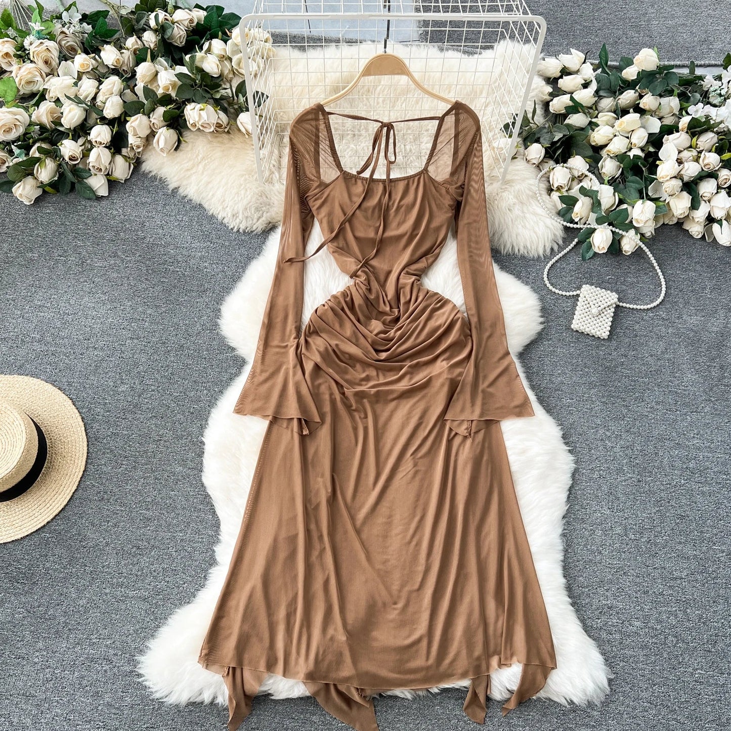 maoxiangshop Double Layer Mesh Dress Spaghetti Strap Slim Bandage Sexy Bodyon Dress Backless Autumn Winter Dresses With Lining