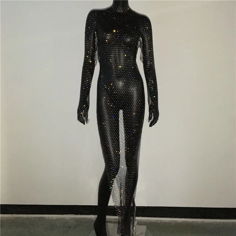 maoxiangshop-Y2K Sexy Shiny Rhinestones Grid Fishnet Dress Long Sleeve Hollow Out Side Slit Dress Beach Cover Up Breathable Lady Vestidos