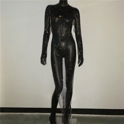 maoxiangshop-Y2K Sexy Shiny Rhinestones Grid Fishnet Dress Long Sleeve Hollow Out Side Slit Dress Beach Cover Up Breathable Lady Vestidos