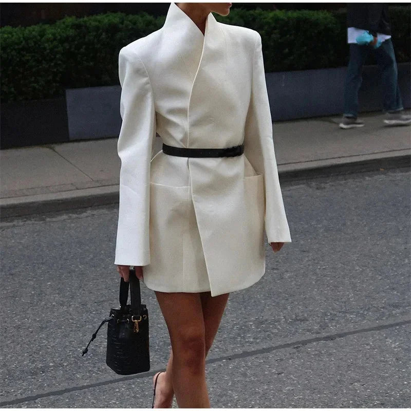 maoxiangshop  -  White Stand Collar Double Pocket Jacket Women Fashion Long Sleeve Cuff Button Blazer Coat 2024 Autumn Elegant Office LadyOutwear