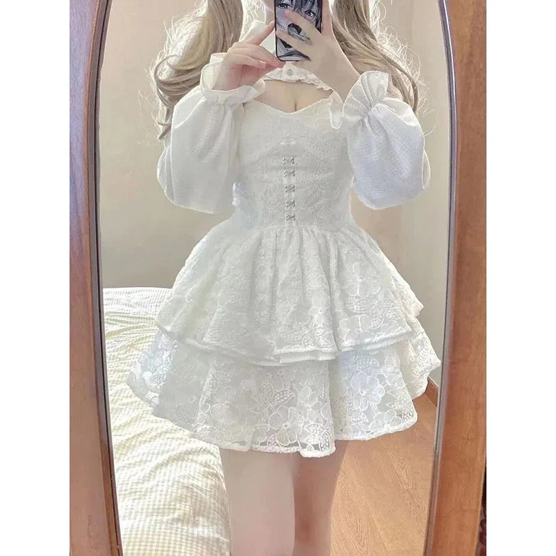 maoxiangshop Japanese Kawaii Lolita Dress Women Elegant Sweet Lace Ruffles White Strap Dresses Sexy Korean Fashion Birthday Party Fairy Dress