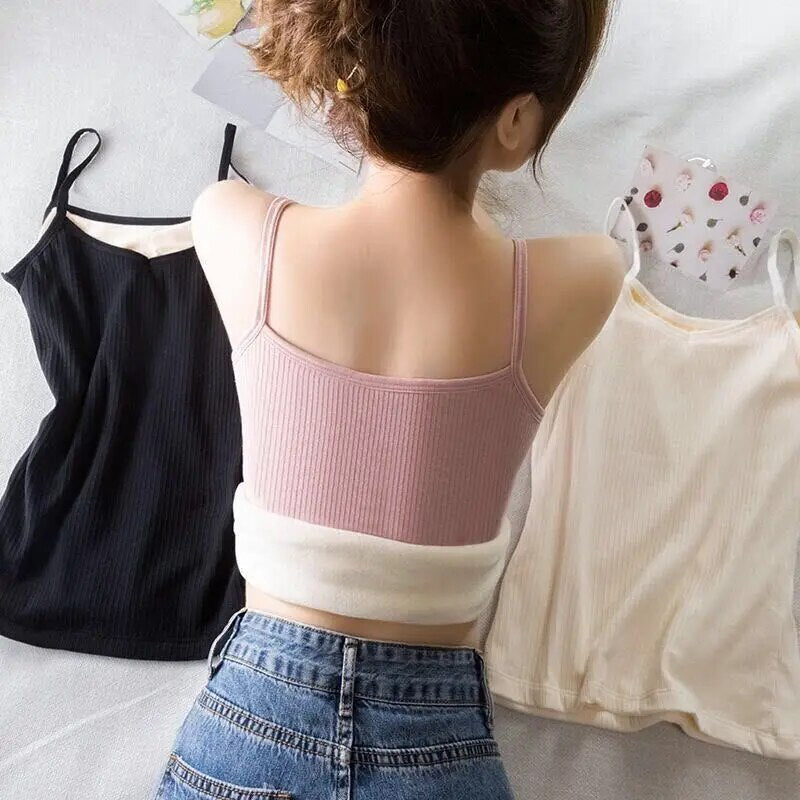 maoxiangshop Winter Velvet Thickened Undershirt Tops Women Solid Slim Cozy Thermal Underwear Camisole Warm Sling Vest Top Bottoming Clothing