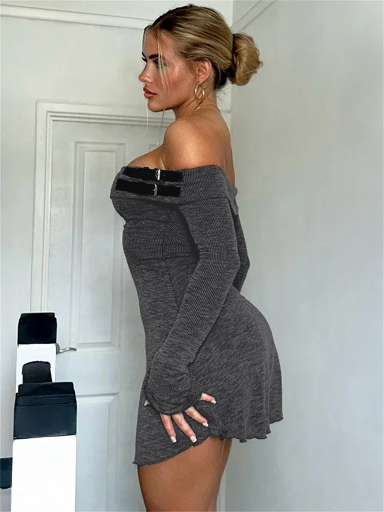 maoxiangshop  -  Knitted Spliced Belt Mini Dress Women Off Shoulder Long Sleeve Solid Slim Short Dress Autumn/Winter Hottie Streetwear