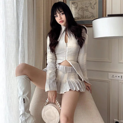 maoxiangshop  -  Women's Long-Sleeved Top and Hip Pleated Skirt Set, Pure desire Lapel, Openwork, Panel, 2 Pieces, Autumn, New