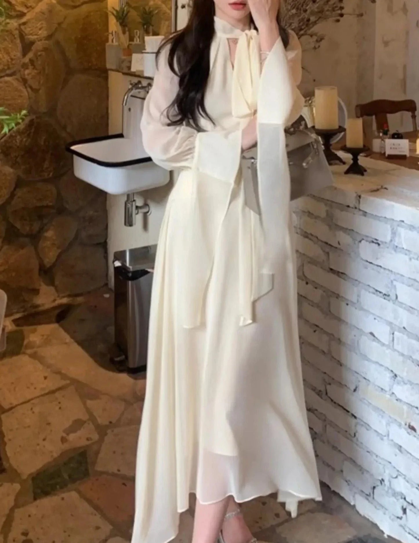 maoxiangshop Korean Chic Irregular Midi Dress Elegant Lace Up Long Sleeve A-line Vestidos Women French Fashion Fairy Holiday Clothes