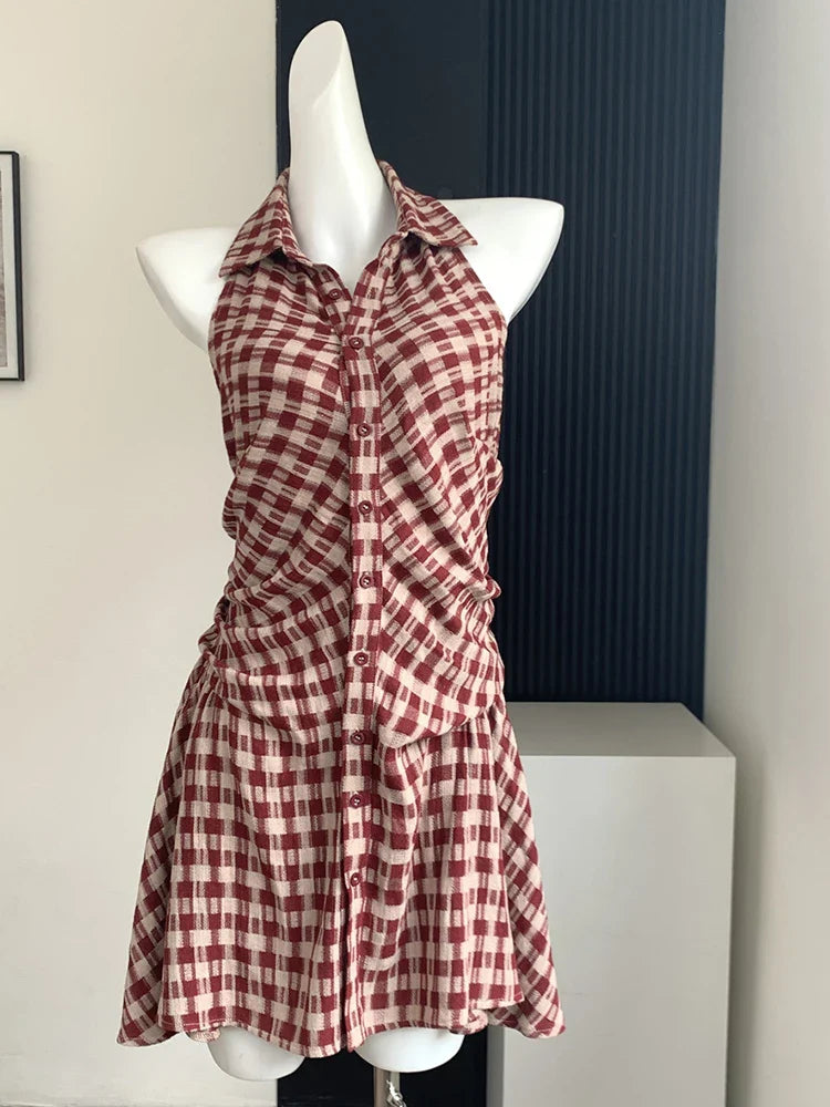 Summer Korean Vintage Plaid Mini Sleeveless Dress Women Vintage 2000s Aesthetic Frocks One-Piece Birthday Party Mori Girl Tide