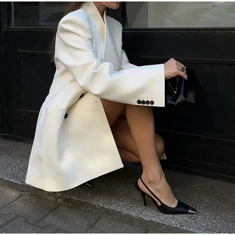 maoxiangshop  -  White Stand Collar Double Pocket Jacket Women Fashion Long Sleeve Cuff Button Blazer Coat 2024 Autumn Elegant Office LadyOutwear