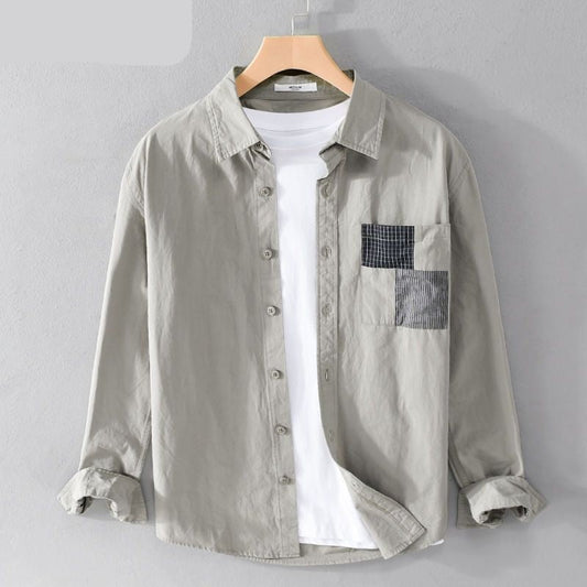 maoxiangshop Spring Autumn Solid Long Sleeve Shirt Men Clothing Turn-down Collar Loose Casual Cardigan Man Simple Printed Pocket Tops