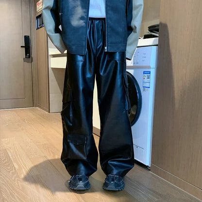 maoxiangshop 90s Streetwear Black Leather Pants Men Oversized Retro Pocket Cargo Pants Men Streetwear Hip-hop Loose Wide Leg Pants Mens Motorcycle Trousers