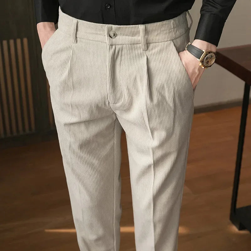maoxiangshop British Style Men High Waist Casual Dress Pant Men Belt Design Slim Trousers Formal Office Social Wedding Party Dress Suit Pants