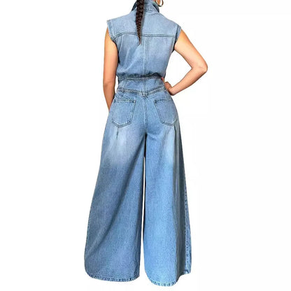 maoxiangshop Jumpsuits Women One Piece Denim Jeans Overalls Sleeveless High Waist Turn Down Collar Wide Leg Long Pants Rompers Summer 2024