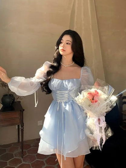 maoxiangshop-Sweet Kawaii Mini Dress Vintage Korean Elegant Fashion Party Dress Women Fairy Princess Puff Sleeve Chic Summer Prom Dress