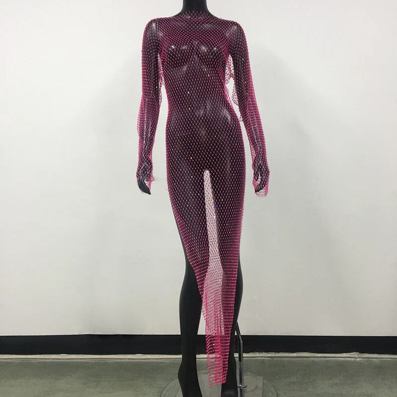 maoxiangshop-Y2K Sexy Shiny Rhinestones Grid Fishnet Dress Long Sleeve Hollow Out Side Slit Dress Beach Cover Up Breathable Lady Vestidos