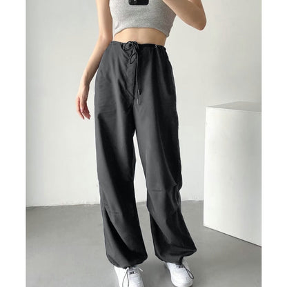 Women Fashion Parachute Pants Casual Cargo Pants Low Waist Drawstring Streetwear Baggy Trousers Y2k Pleat Jogging Sweatpants