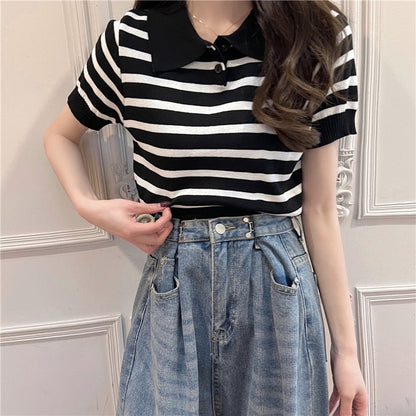 maoxiangshop Summer Vintage Striped Polo Collar T Shirts Women's Knitted Short Sleeve Thin Cropped Tshirt Crop Top For Slim Girls