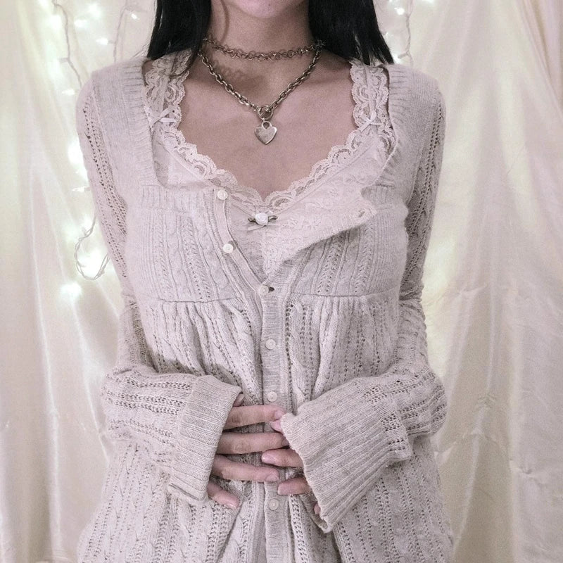 Y2K 00s Vintage Sweater Single Breasted Long Sleeve Cardigan 00s Aesthetic Kawaii Knitwear T-shirt Women Clothes