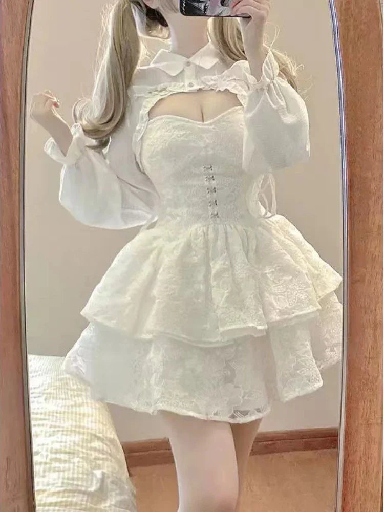 maoxiangshop Japanese Kawaii Lolita Dress Women Elegant Sweet Lace Ruffles White Strap Dresses Sexy Korean Fashion Birthday Party Fairy Dress