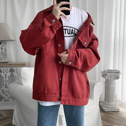 maoxiangshop New Steetwear Red Mens Jean Jackets Turn Down Collar Multi-pockets Denim Coats Overalls Loose Casual Men Clothing Outwear