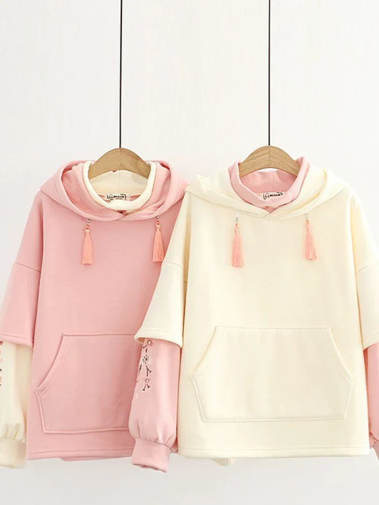 maoxiangshop Floral Embroidery Patchwork Fleece Women Hoodies Winter Thick Drawstring Hooded Sweatshirt Female Plus Velvet Pullovers