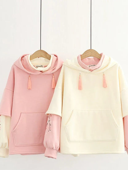 maoxiangshop Floral Embroidery Patchwork Fleece Women Hoodies Winter Thick Drawstring Hooded Sweatshirt Female Plus Velvet Pullovers