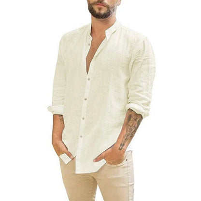 maoxiangshop Cotton Linen Hot Sale Men's Long-Sleeved Shirts Summer Solid Color  Stand-Up Collar Casual Beach Style Plus Size