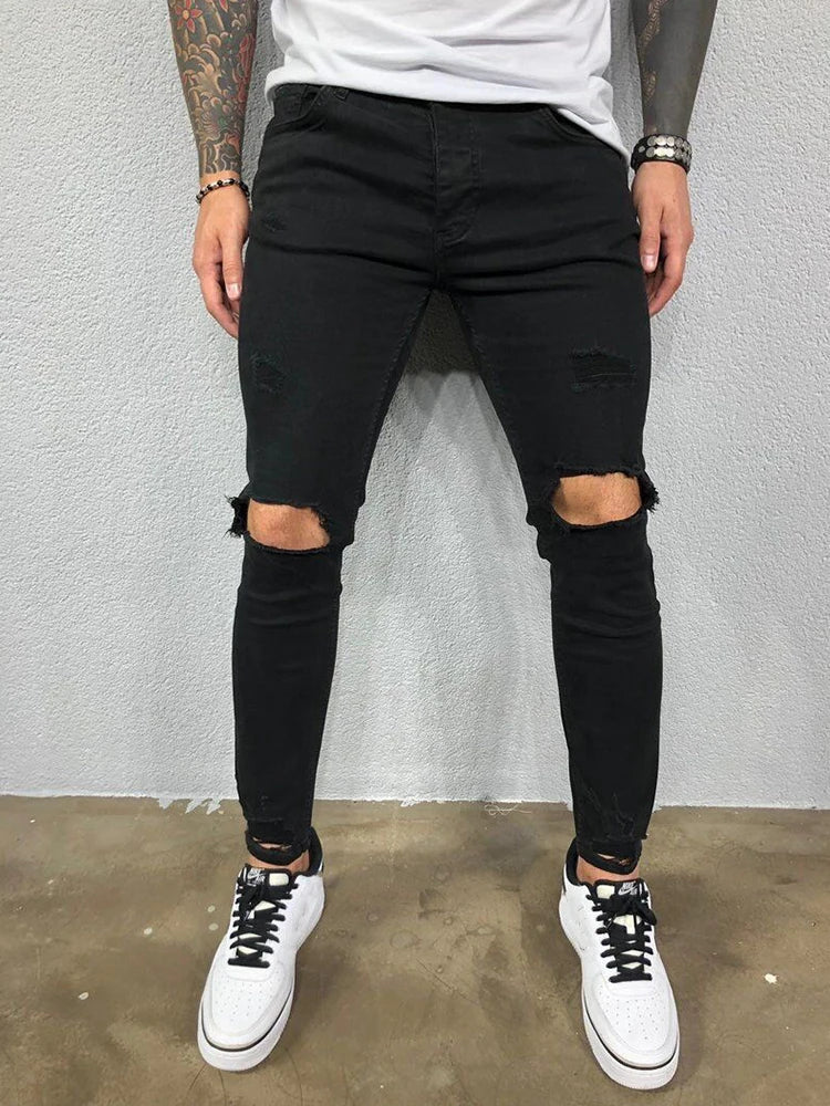 maoxiangshop Distressed Knee Holes Elastic Skinny Jeans Men Ripped Biker Denim Pants Solid Washed Streetwear Black Pantalones Hombre Joggers