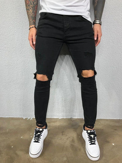 maoxiangshop Distressed Knee Holes Elastic Skinny Jeans Men Ripped Biker Denim Pants Solid Washed Streetwear Black Pantalones Hombre Joggers