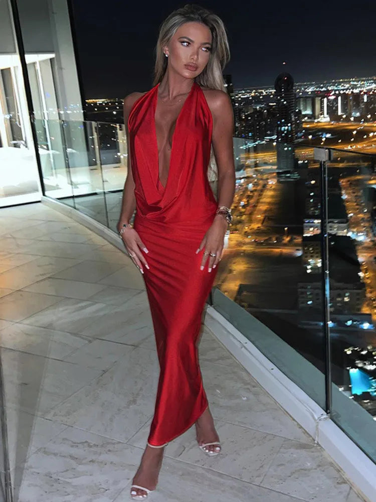 maoxiangshop-Satin Deep V Neck Sleeveless Long Dress For Women Robe Winter New Sleeveless Backless Halter Bodycon Maxi Dress