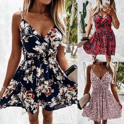 maoxiangshop sexy spaghetti strap Floral print beach mini dress women summer casual Elastic waist dresses for women robe femme