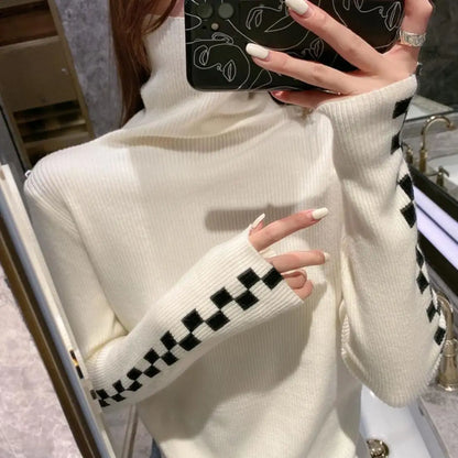 maoxiangshop Knitted Women's Autumn Winter New Korean Version Temperament Versatile Long-sleeved TopTurtleneck Plaid Undershirt Sweater