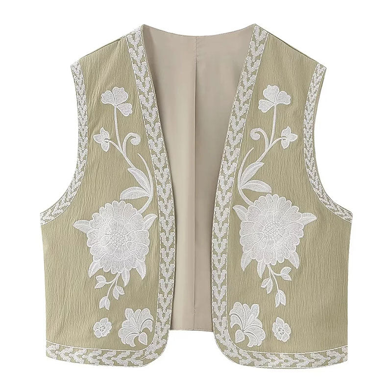 maoxiangshopWomen Fashion Y2k Vintage Floral Embroidery Vest Top V Neck Loose Casual Summer Woman Short Cardigan Waistcoat Chic Tops