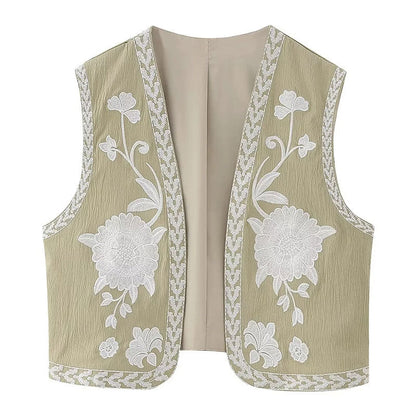 maoxiangshopWomen Fashion Y2k Vintage Floral Embroidery Vest Top V Neck Loose Casual Summer Woman Short Cardigan Waistcoat Chic Tops