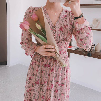 maoxiangshop New Flower Dress Women Floral Chiffon Clothes Maxi Dresses Beach Elegant Autumn Pink Korean Long Sleeve V Neck Vestidos De Mujer