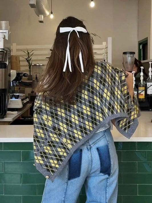 maoxiangshop  -  Irregular Plaid Knitted Cardigan Women Round Neck Single Breasted Long Sleeve Sweater Vintage Casual Jumper Outerwear Autumn New