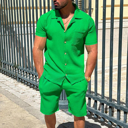 maoxiangshop Solid Color Texture Shirts And Shorts Mens Two Piece Sets Summer Casual Short Sleeve Buttoned Lapel Shirt Outfits Men Streetwear
