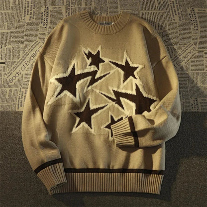 maoxiangshop Autumn and Winter Sweater Men Women American Style Star Print Loose Knitted Pullover High Street Harajuku Oversize Tops Y2K New