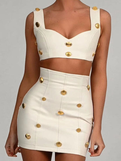 Mozision Button Trim Sexy Dress Set Women Outfits 2023 New Square Collar Sleeveless Crop Top And Mini Skirt Party Two Piece Sts