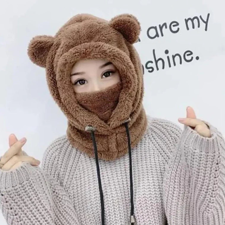 maoxiangshop Cute Winter Earflaps Plush Bear Ears Hats adult Warm Mask for Outdoor Women Bonnet Hood