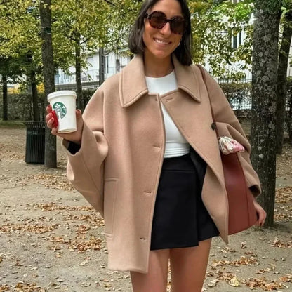 maoxiangshop  -  Vintage Diagonal Breasted Warm Loose Jacket Women Lapel Double Pocket Long Sleeve Solid Tops Outerwear Autumn Winter Female Coat