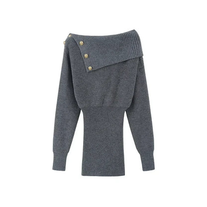 Korean Style Mini Knitted One Piece Dress Women Coquette Sexy Slash Neck Long Sleeve Grey Dresses Vintage Fall Vestidos