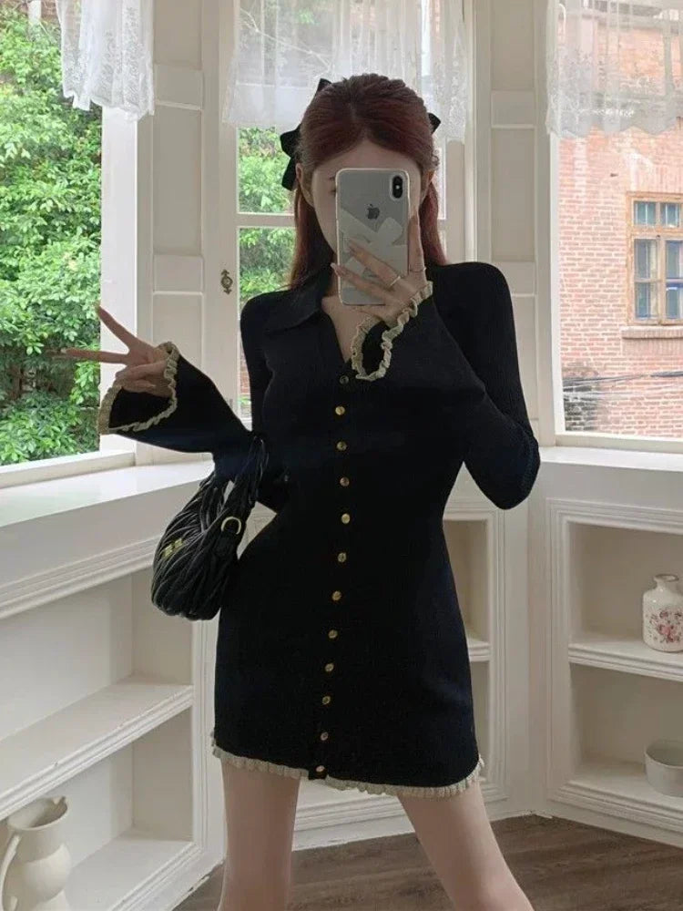 Coquette Black Mini Cabaret Dress Women Korean Style Y2k Sweet Ruffles Long Flare Sleeve Tunic Knitted Dresses Autumn