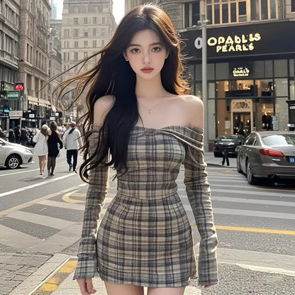 maoxiangshop  -  French Retro Plaid Off Shoulder Long Sleeve Sexy Dress for Women Autumn Chic Spicy Girl Waist Slimming Wrap Hip Mini Dresses