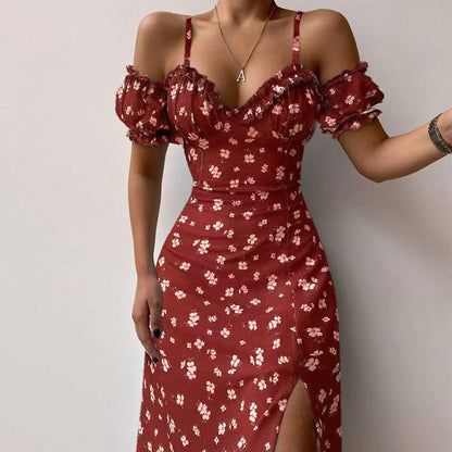 V Neck Lantern Sleeve Side Slit Dresses Women's Elegant New Sexy Slim Mid-length Skirts Floral French Suspender Dress Vestidos