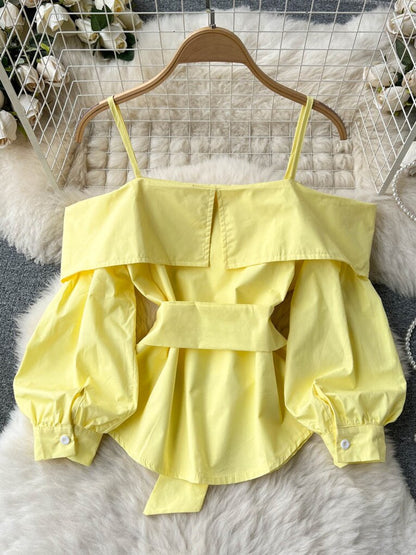 maoxiangshop New Fashion Women Spring Summer Yellow Shirt Sexy Spaghetti Strap Slash Neck Off Shoulder Long Sleeve Blouse with Belt