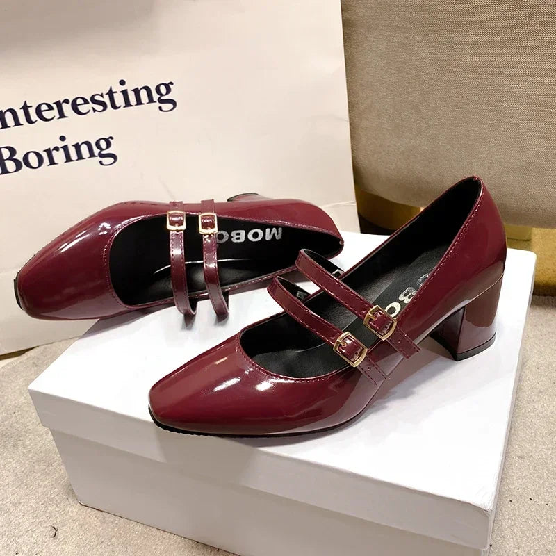 Spring Autumn Women Double Buckle Mary Janes Shoes Patent Leather Dress Square Head Square Heel Solid Color Women's Shoes