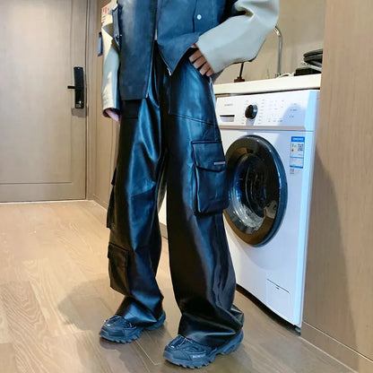 maoxiangshop Men's Leather Motorcycle Cargo Pants Multi-Pockets Black PU Pants Men Elastic Waist Mopping Trousers All-match Windproof
