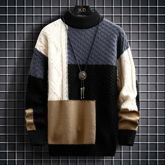 maoxiangshop Autumn Winter Men Sweater Warm Top New Fashion Stitching Color Matching Pullover Round Neck Sweater Thickened Knitted Sweater